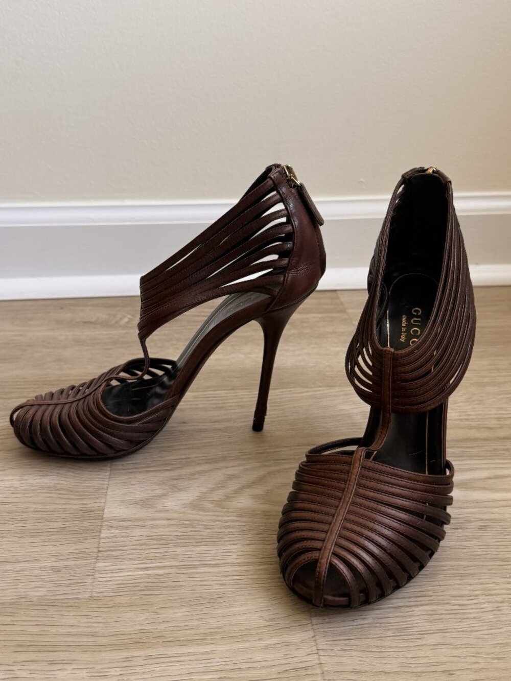 Gucci Inga Caged T-Strap Leather Sandal Heels Brown Size 36 Back Zip